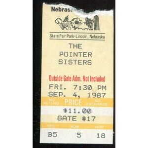 Vintage 1987 Pointer Sisters Concert Ticket Stub Lincoln NE